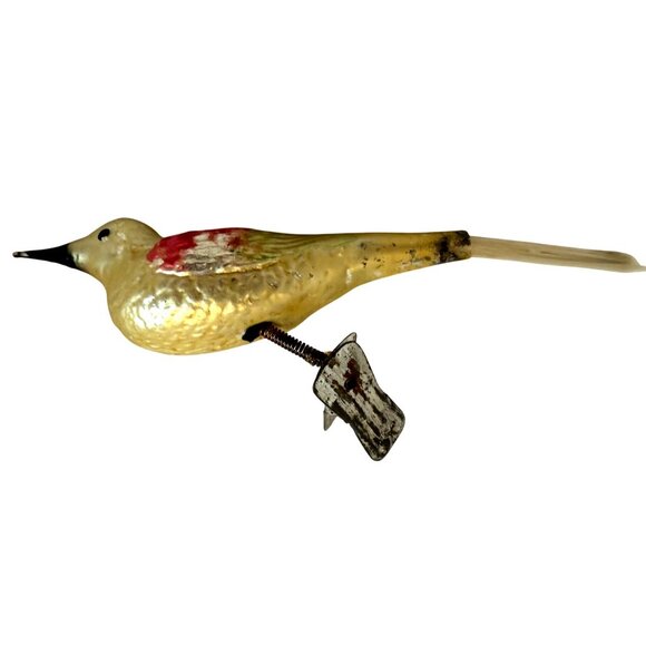 German Antique Gold Glass Bird Clip On Vintage Christmas Ornament 1930's - Picture 3 of 6